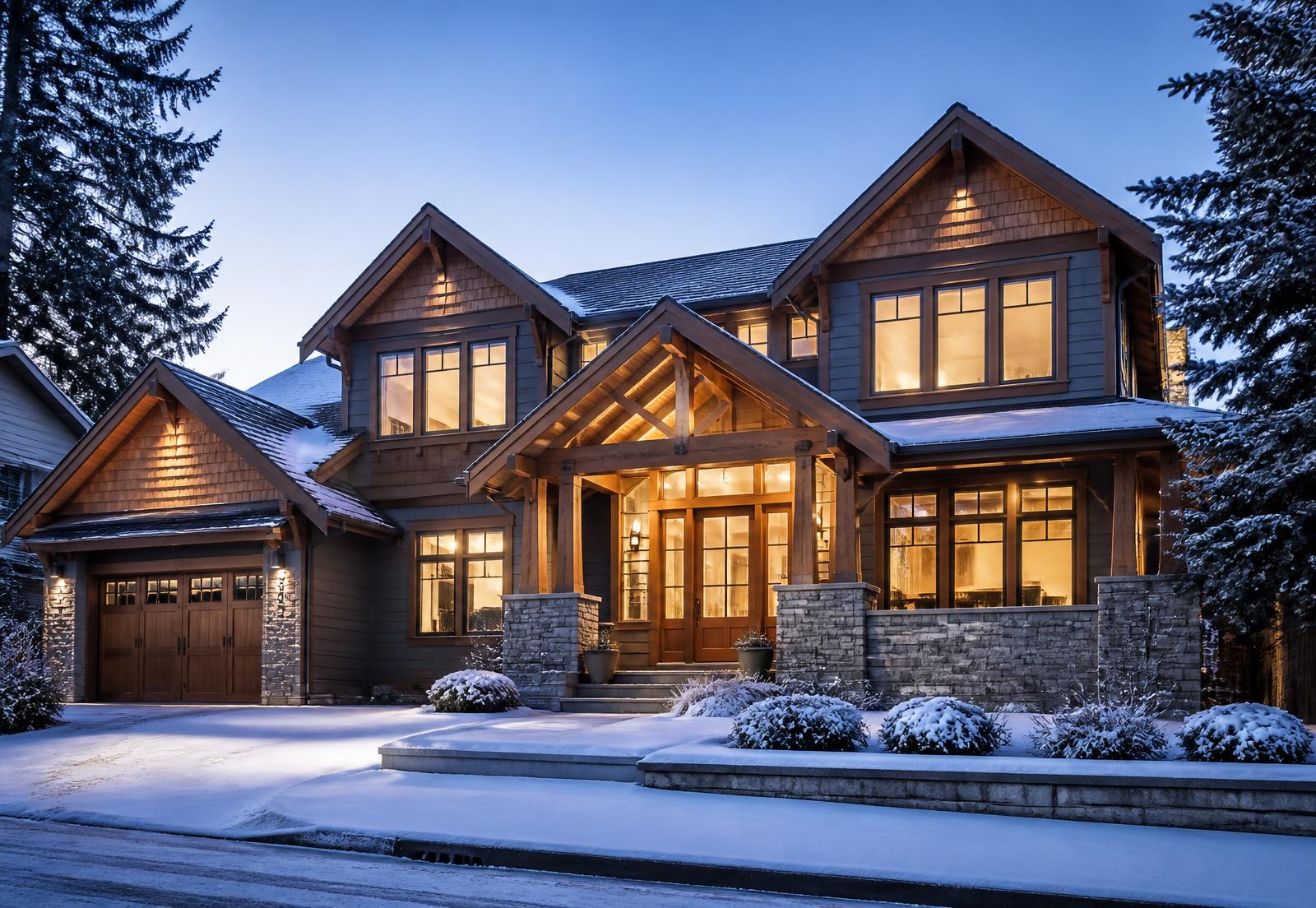 Craftsman home at dusk with warm lit windows and snow on the roof